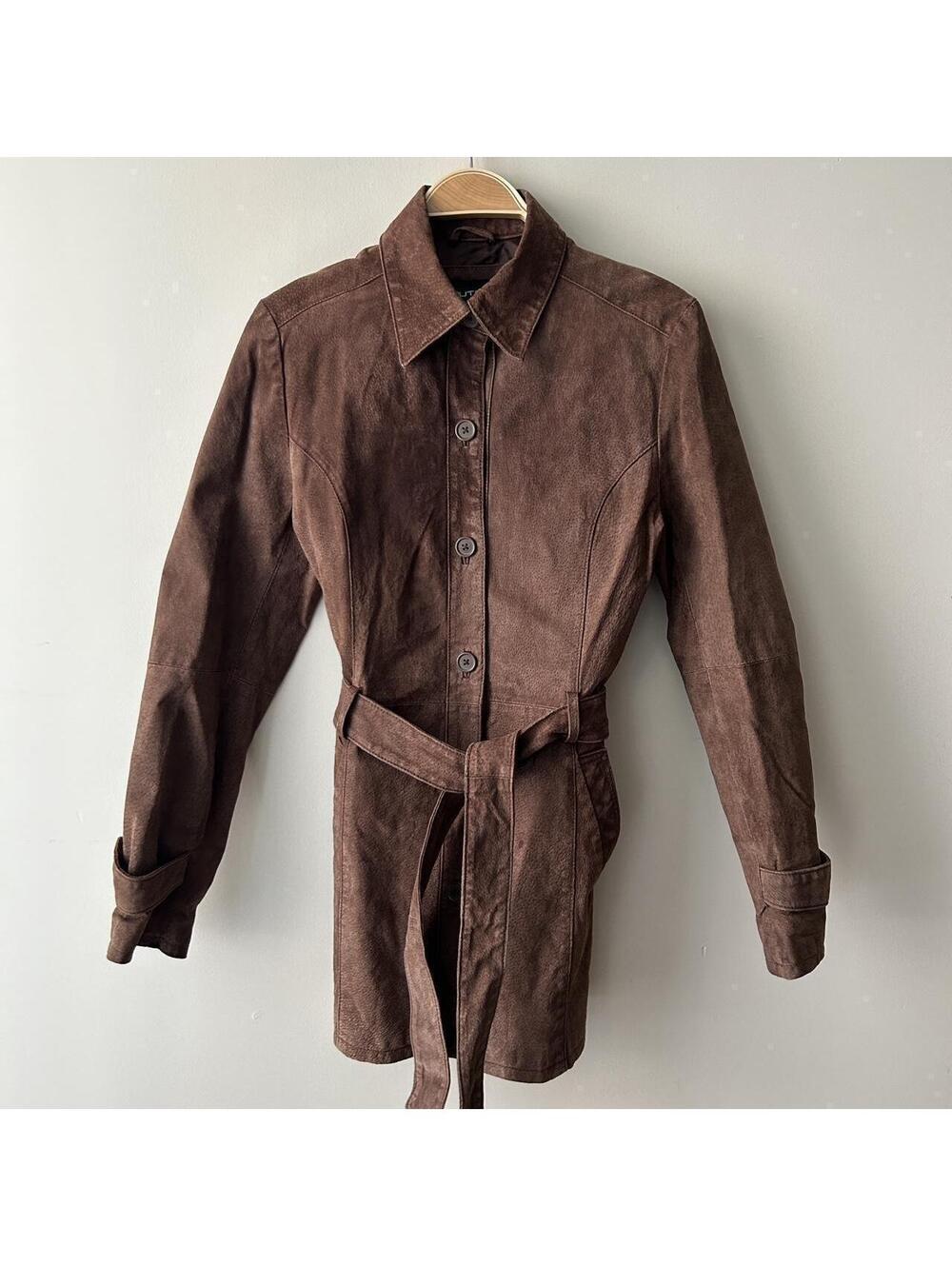 Vintage 90s Y2K Outer Edge Brown Suede Belted Trench Coat Womens Medium